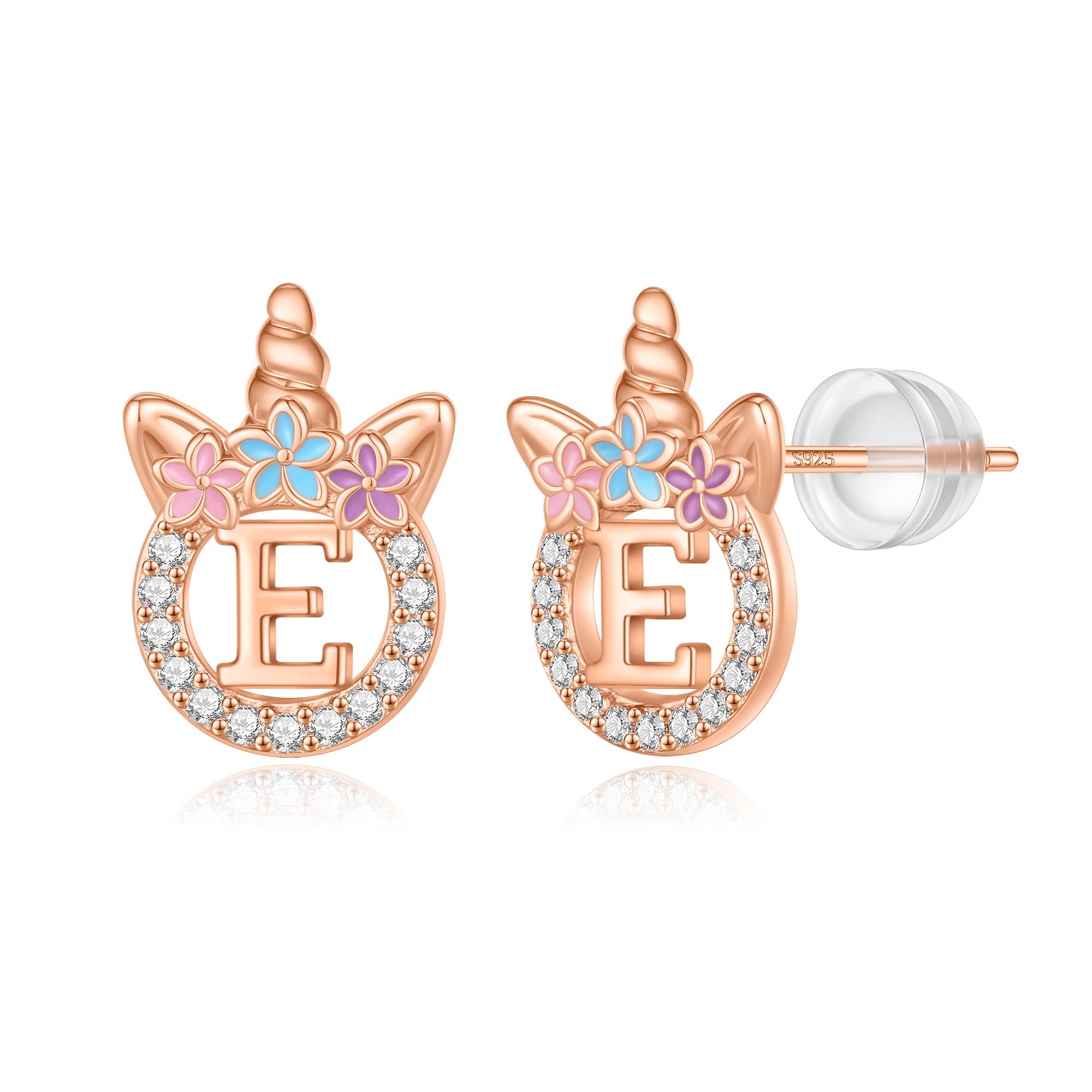 Unicorn Earrings Gifts for Girls - 925 Sterling Silver Stud Earrings Hypoallergenic Initial Unicorn Earring for Girls Kids Jewelry CZ Birthday Gifts