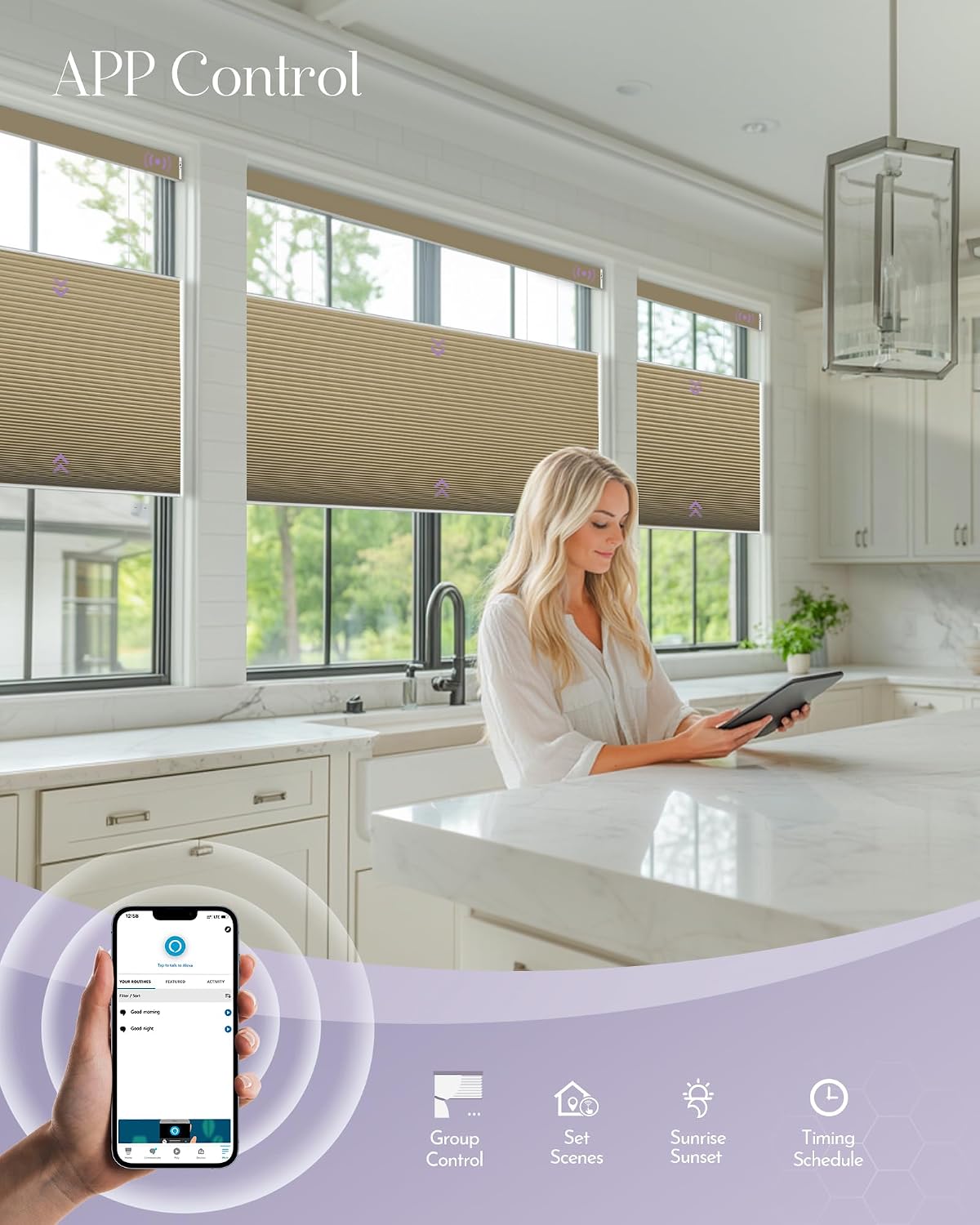 Graywind Smart Top Down Bottom Up Cellular Shades Compatible with Alexa Google Solar Powered Motorized TDBU Shades for Windows Custom Size (Blackout Burlywood)
