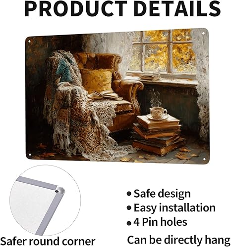 Miniatura 3 de Metal Tin Sign Cozy Autumn Reading Nook Plaque, 6x8 Inch Retro Oil Painting Art Wall Decor Metal Poster, Perfect For Creating Warm Reading