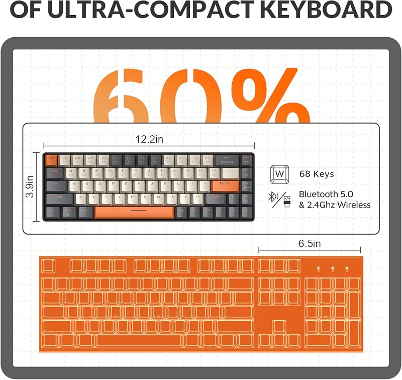 YINDIAO K68 60% Vezeték Nélküli Mechanikus Gaming Billentyűzet, Bluetooth 5.0/2.4GHz, 68 Gombos Kompakt Mini Billentyűzet Hot Swap Funkcióva