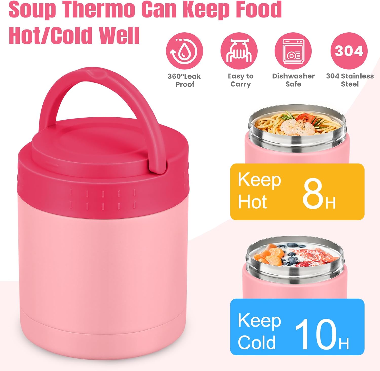 HWONMTE 10.5oz Soup Thermo for Hot Food Kids Adults Insulated Food Jar with Handle Width Mouth Leak Proof Food Containers Stainless Steel Lunch Box for Office School Travel Outdoors (Pink) thumbnail