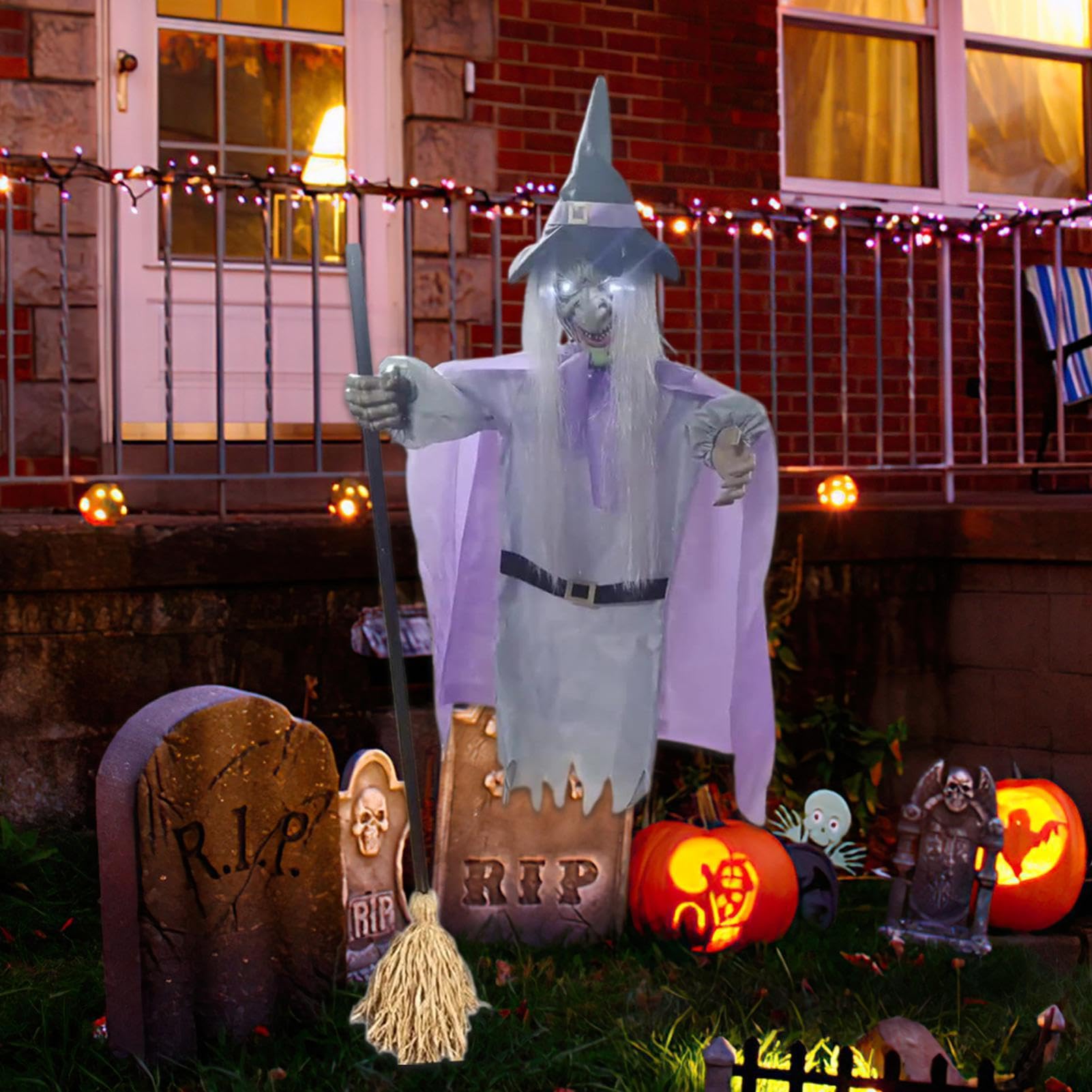 Animierte Hexe 1,83 m Unheimlicher Halloween Sound- & Bewegungssensor | Schwebende Hexe Outdoor-Statue für Spukhaus, Feiertag, Party, Festival, Hof, Garten, Rasen und