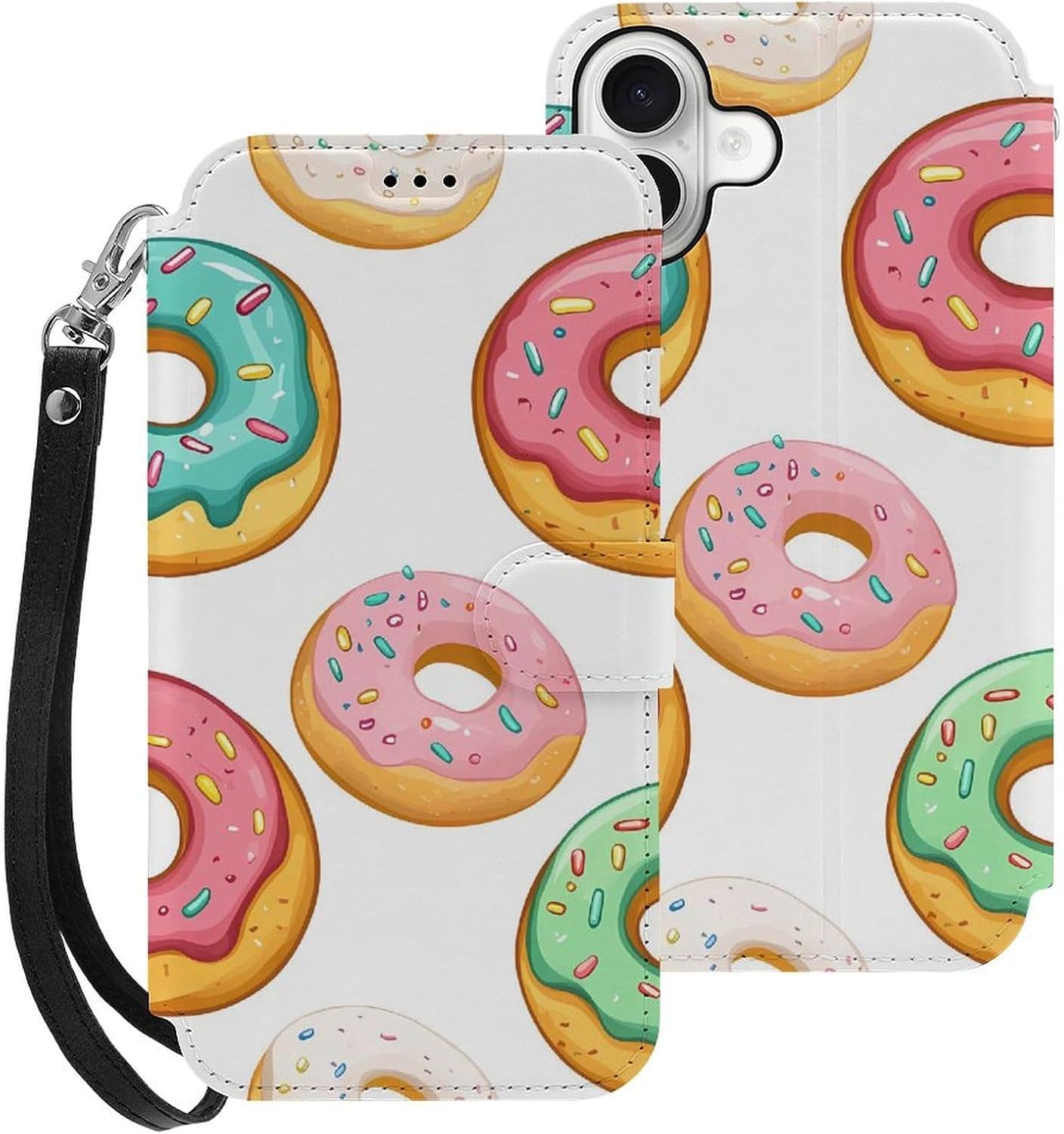 Colorful Doughnuts Compatible with iPhone 16/16 Plus/16 Pro/16 Pro Max/16 E Case Phone Wallet Card Holder Flip Cover with Wrist Strap