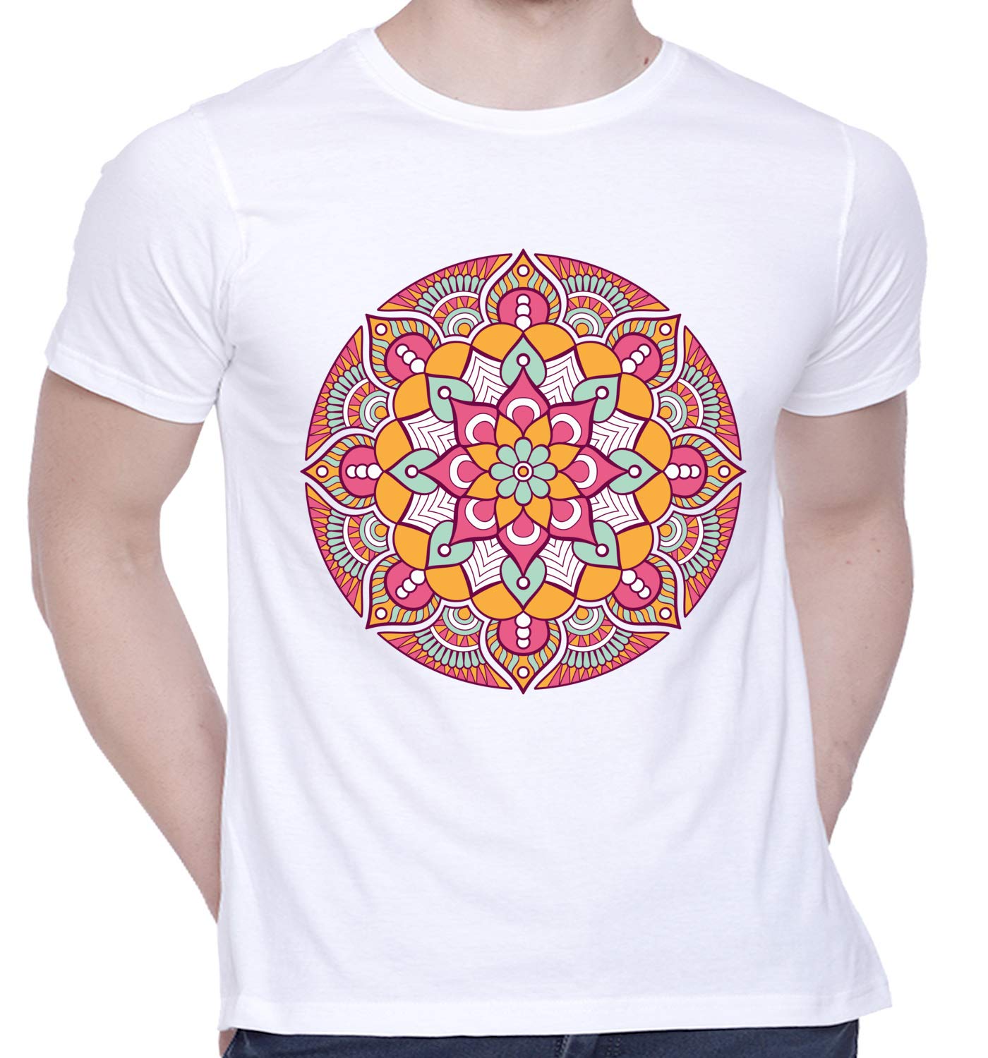 CreativiTGraphic Printed T-Shirt for Unisex Colourful Mandala | T-Shirt Design Tshirt | Casual Half Sleeve Round Neck T-Shirt | 100% Cotton | D00594-122_White_Medium