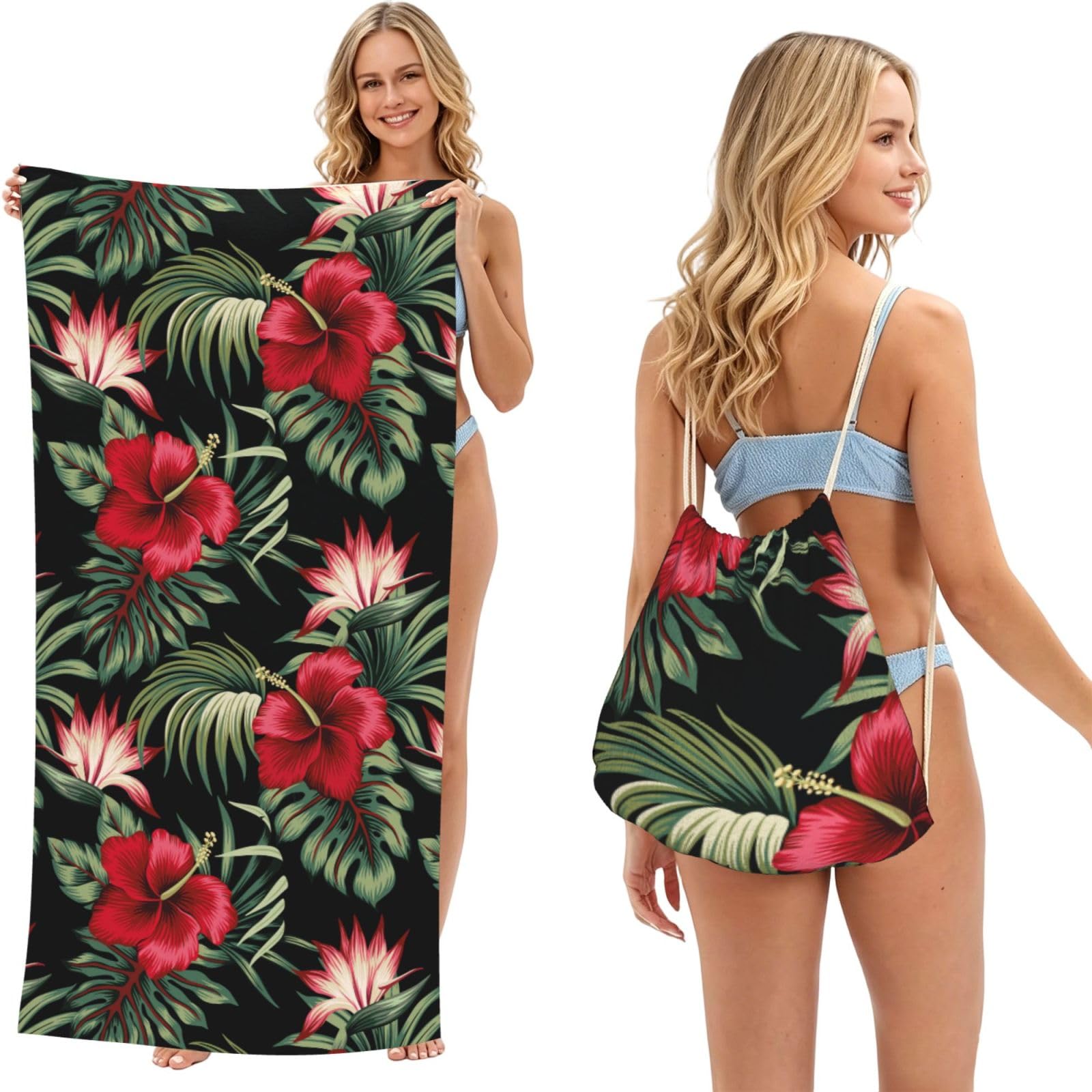 Poadnly As Picture Tropical Vintage Red Hibiscus Strelitzia Floral, 2 In 1 Packable Towel Bag, Beach Towels With Drawstring Backpack For Travel Holiday Camping