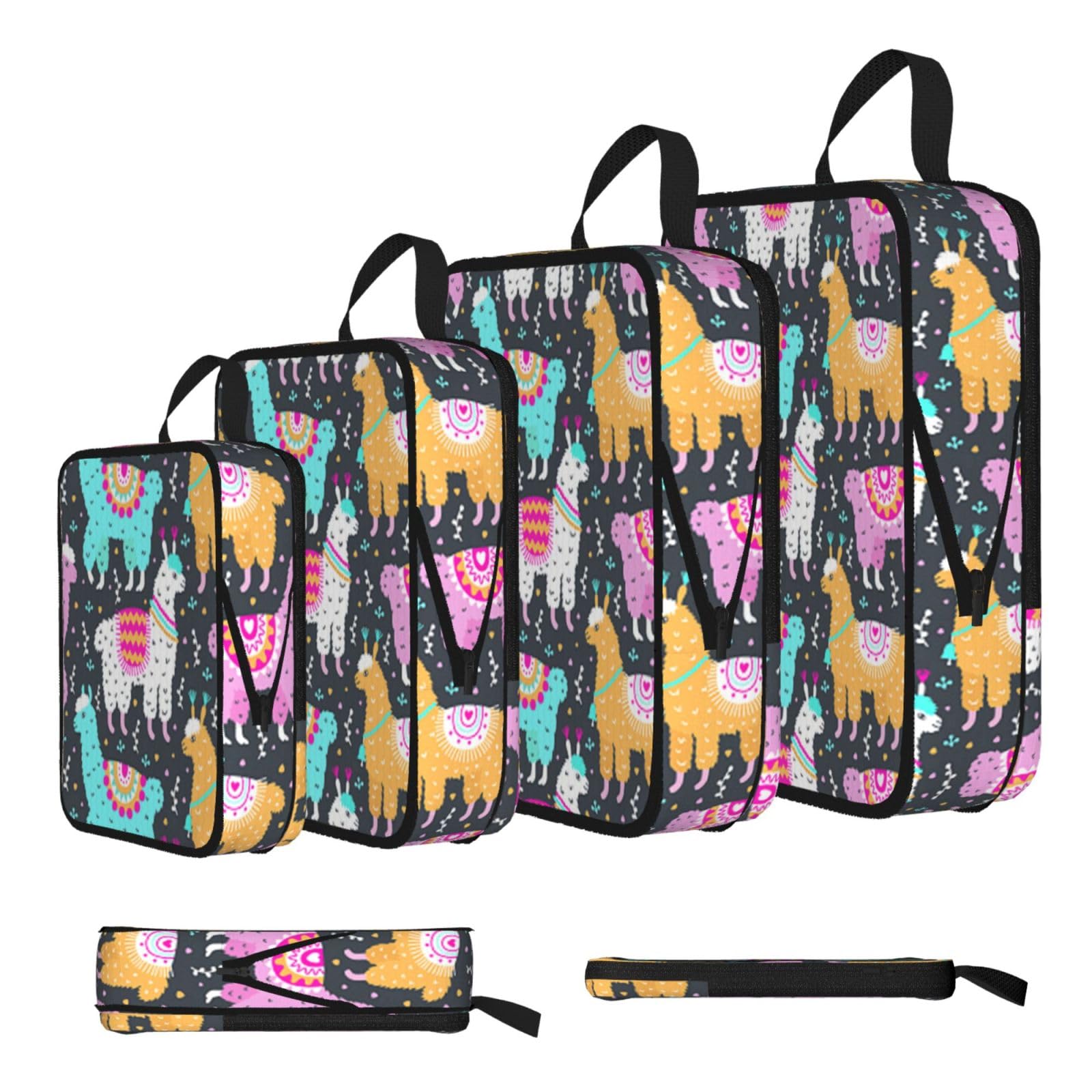 Esnaiuvcd Black Indian Alpaca Print 4 Set Compression Packing Cubes For Suitcases,Expandable Storage Bags Organizers