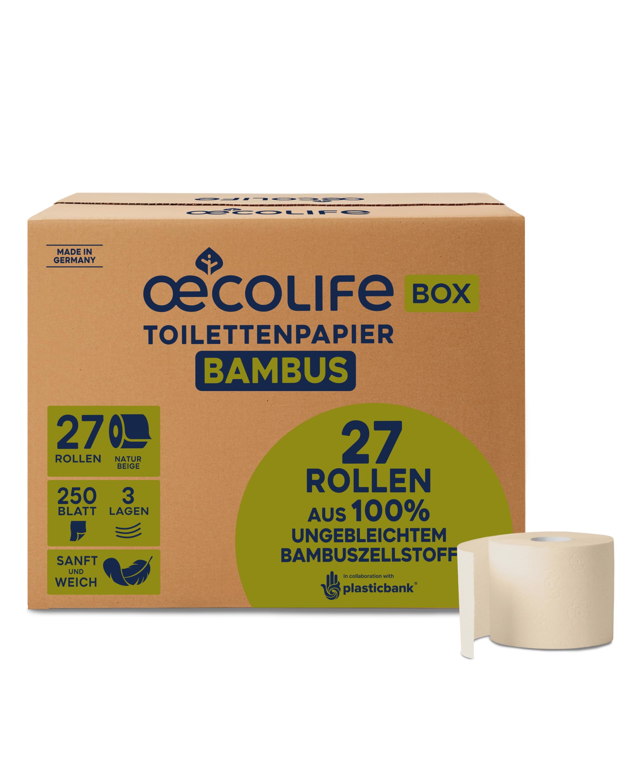 œcolife Toilettenpapier Box Bambus, 3-lagig, 27 Rollen, 250 Blatt pro Rolle, vegan, plastikfrei verpackt, aus 100% Bambus-Zellstoff, super sanft und weich, ohne Kolophonium | 100 % Bambus