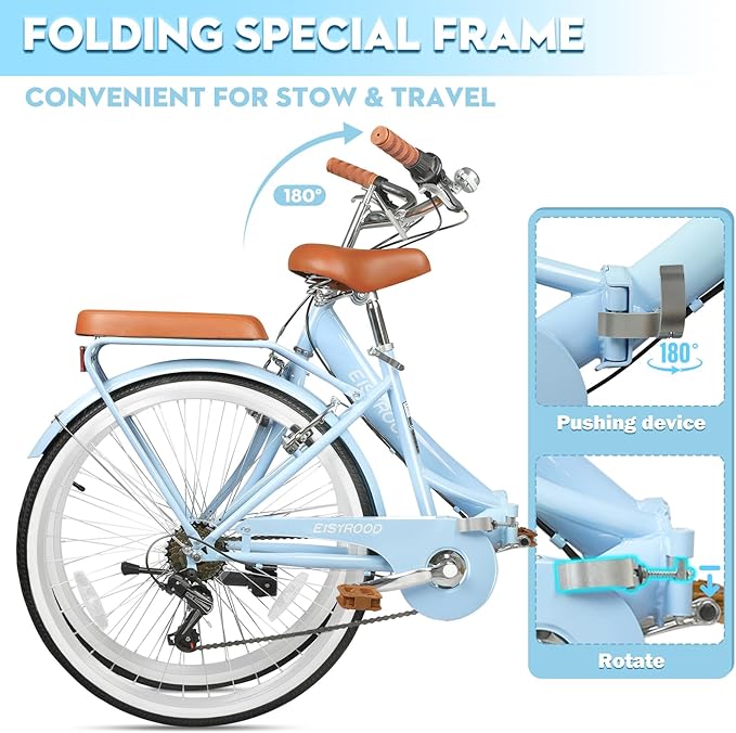 26 Inch Foding Foldable Bike, 7 Speed Foldable Cruiser Bike with Adjustable Seat, Folding Womens Bike with Lightweight, Anti-Skid Tires & V-Brakes for Women