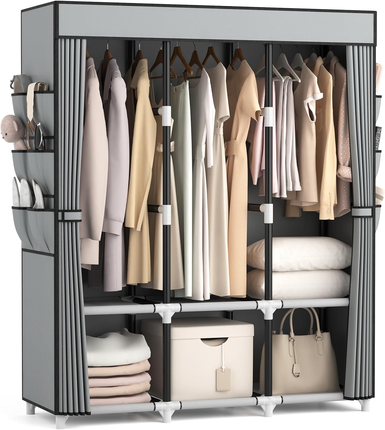 Vicye Armoire en Tissu, Wardrobe Armoire Chambre avec 3 tiges de Suspension, 6 étagères de Rangement et Poches latérales, Tube métal de 19 mm, Dressing Garde Robe Adulte pour Chambre à Coucher Gris