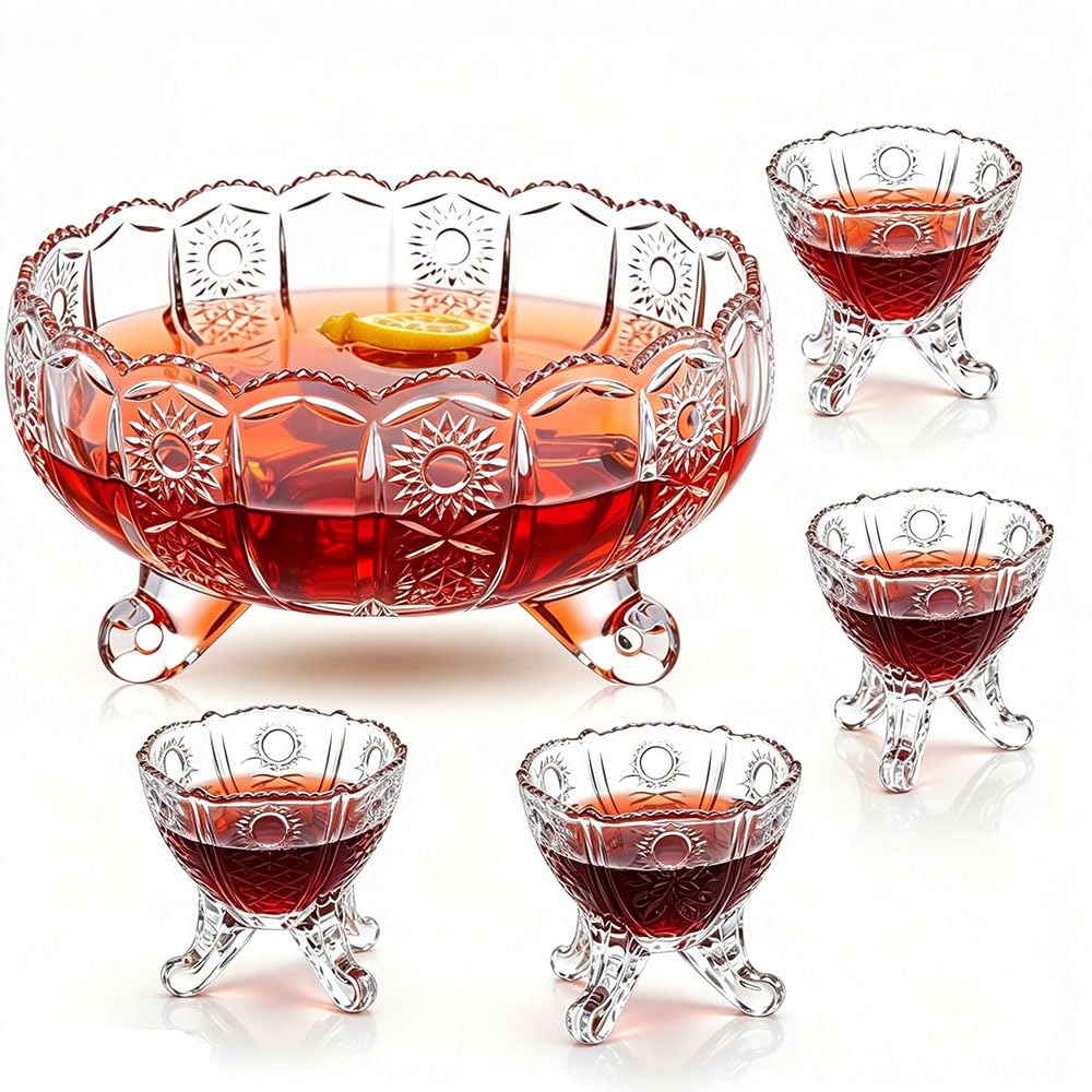 Vintage-Bowleschale aus Kristallglas mit Reliefdekor und 4 Tassen, Bowleschale mit Schwerem Boden (3800 ml), Bruchsicheres Klarglas, für Sangria, Cocktails, Eistee und Obstsalat