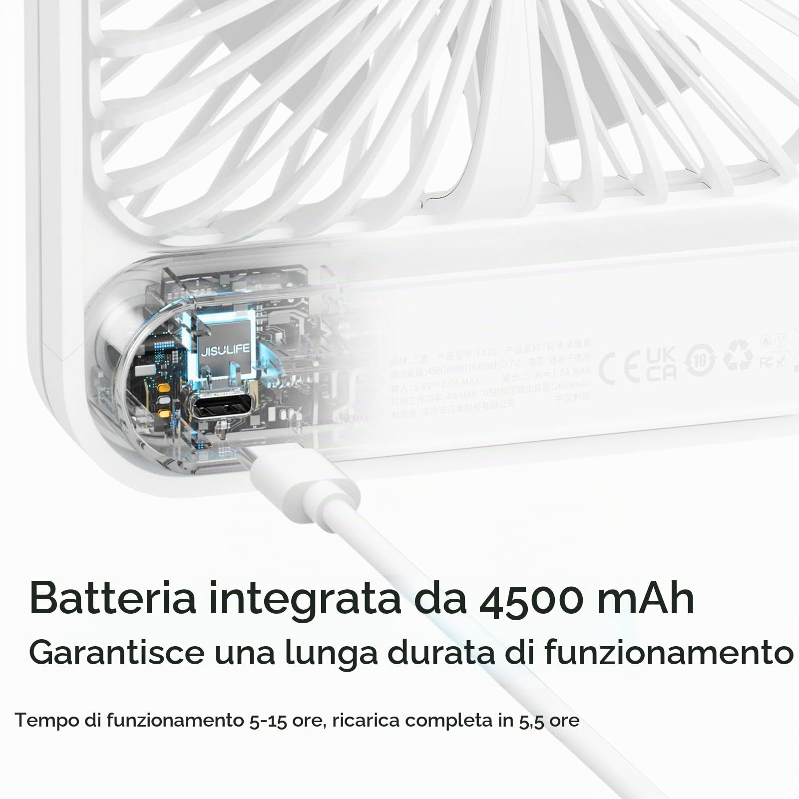 JISULIFE Ventilatore da Tavolo Portatile, 4500mAh Ventilatore Ricaricabile Alimentata a Batteria, Pieghevole a 180°, 4 Velocità Della Ventola Regolabili, Adatto a Casa/Ufficio/Viaggio-Bianco | Ventilatore USB pieghevole a 180°, 4 velocità regolabili, sile