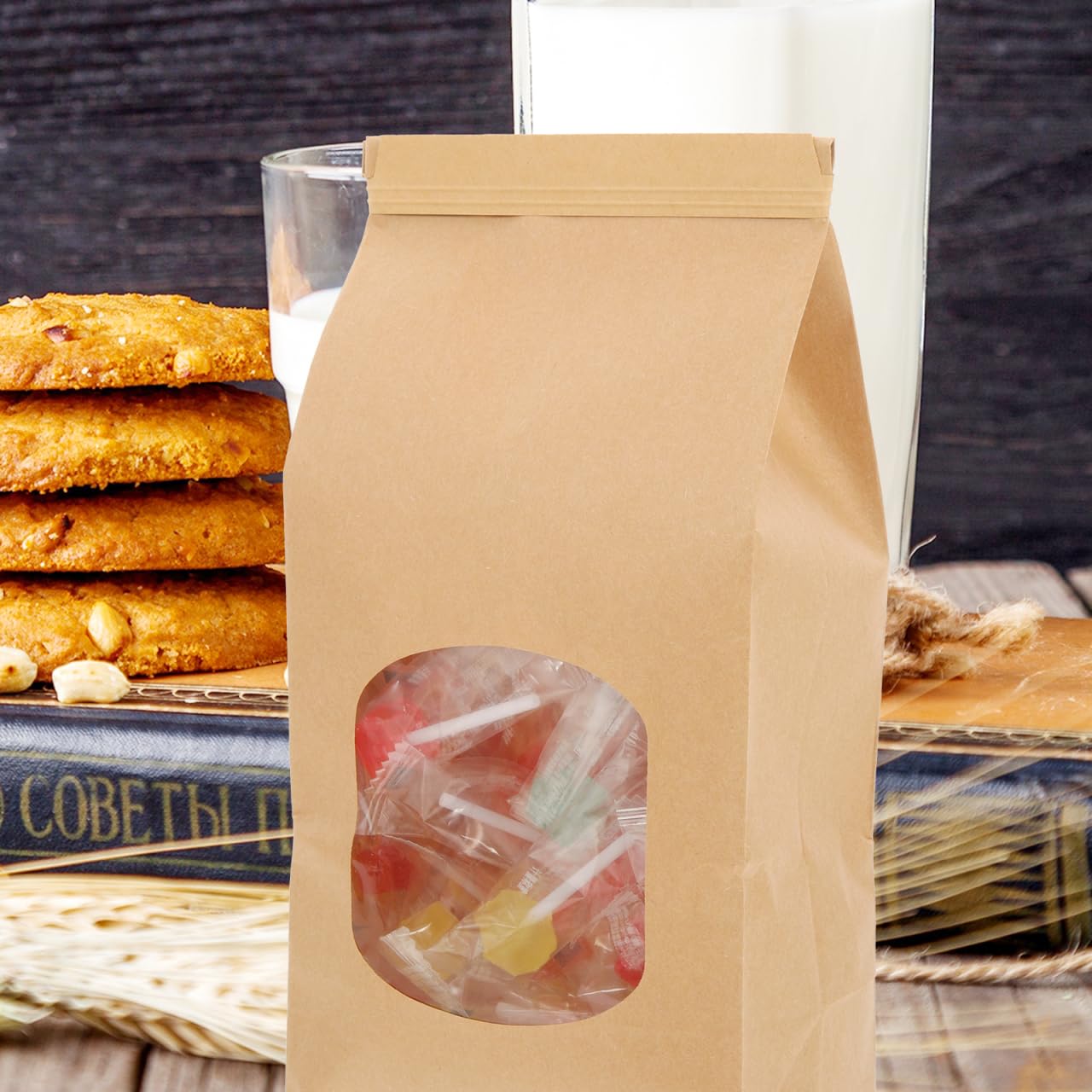 iplusmile À Biscuits En Papier Kraft Avec Fenêtre Et Fermeture Réutilisable Anti-Graisse Pour Boulangerie Pop-Corn Cookies Cadeaux 11.5 X 11.5 X 9.7 Pouces