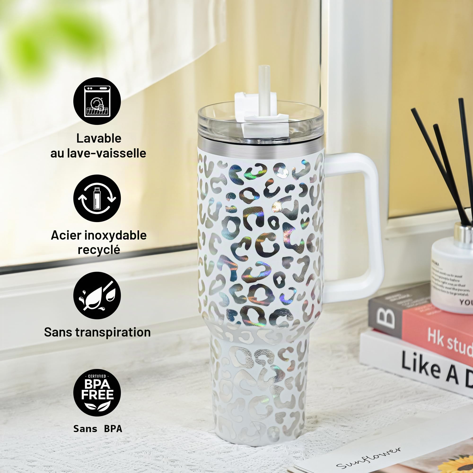 Mug Isotherme avec Paille et Poignée 1.2L, Tasse Isotherme 100% Anti-fuite, 34 Heures Froid, 12 Heures Chaud, Gobelet en Acier Inoxydable, Léopard Tout Noir