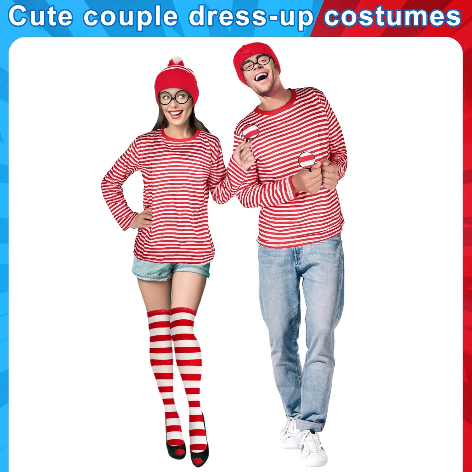 MJOGGOTT 9 Pcs Funny Halloween Couples Costumes including Men Women's Halloween Costumes Sweatshirt Red and White Striped Shirt Glasses Hat Sock Magnifier for Couple Halloween Cosplay Party - Image 2