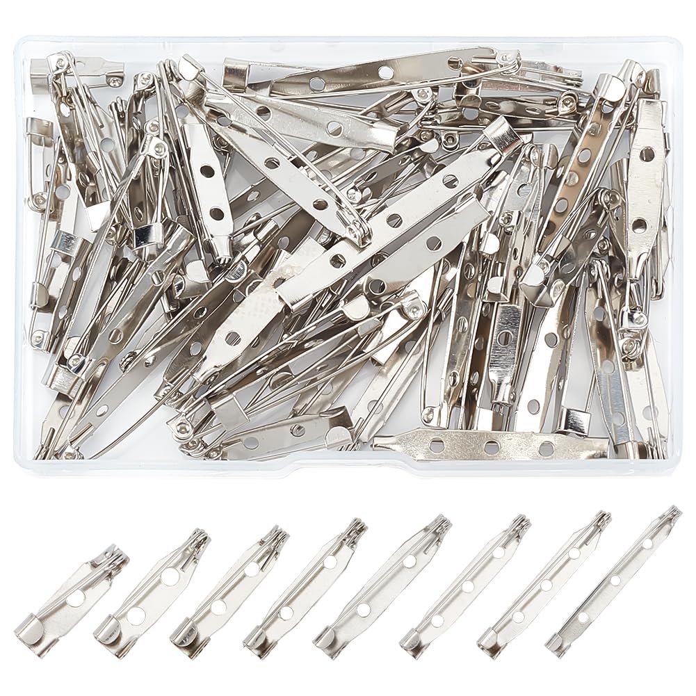 PH PandaHall 8 Styles Brooch Pin Backs 80pcs Silver Bar Pins Badge Pinback Brooch Backings Metal Jewelry Locking Pins Safety Pin Clasp for Jewelry Making Tie Tacks Name Tags Corsage Crafts, 15-45mm