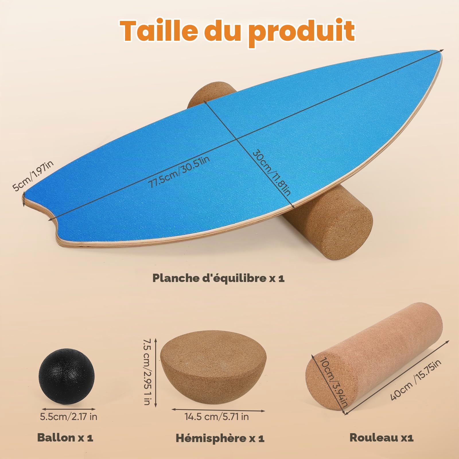 Planche d'Équilibre pour Adultes, Balance Board avec Rouleau et Balle en Liège, Antidérapant pour Gainage, pour Surf, Ski, Yoga, Capacité 200kg - à Usage Intérieur, Bleu