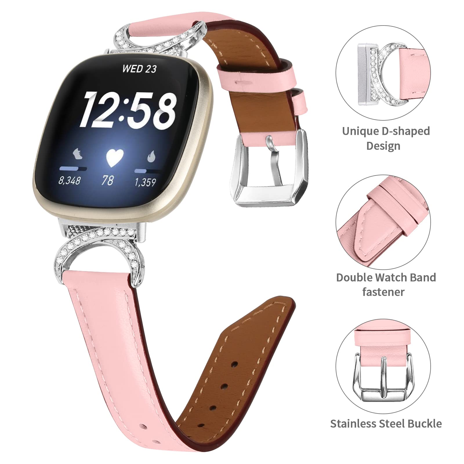 Skórzane paski pasują do Fitbit Versa 4 Versa 3, skórzane i metalowe, zamienne paski do zegarków, opaski na rękę, bransoletka, akcesoria do smartwatcha Fitbit Sense / Fitbit Sense 2, morelowe