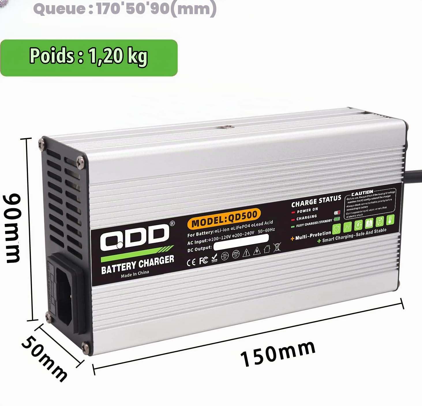QDD Chargeur de batterie 84 V 5 A sûr et efficace, adapté pour les batteries au lithium 20S 72 V, avec ventilateur de refroidissement (GX16 1 + 3 connecteurs)