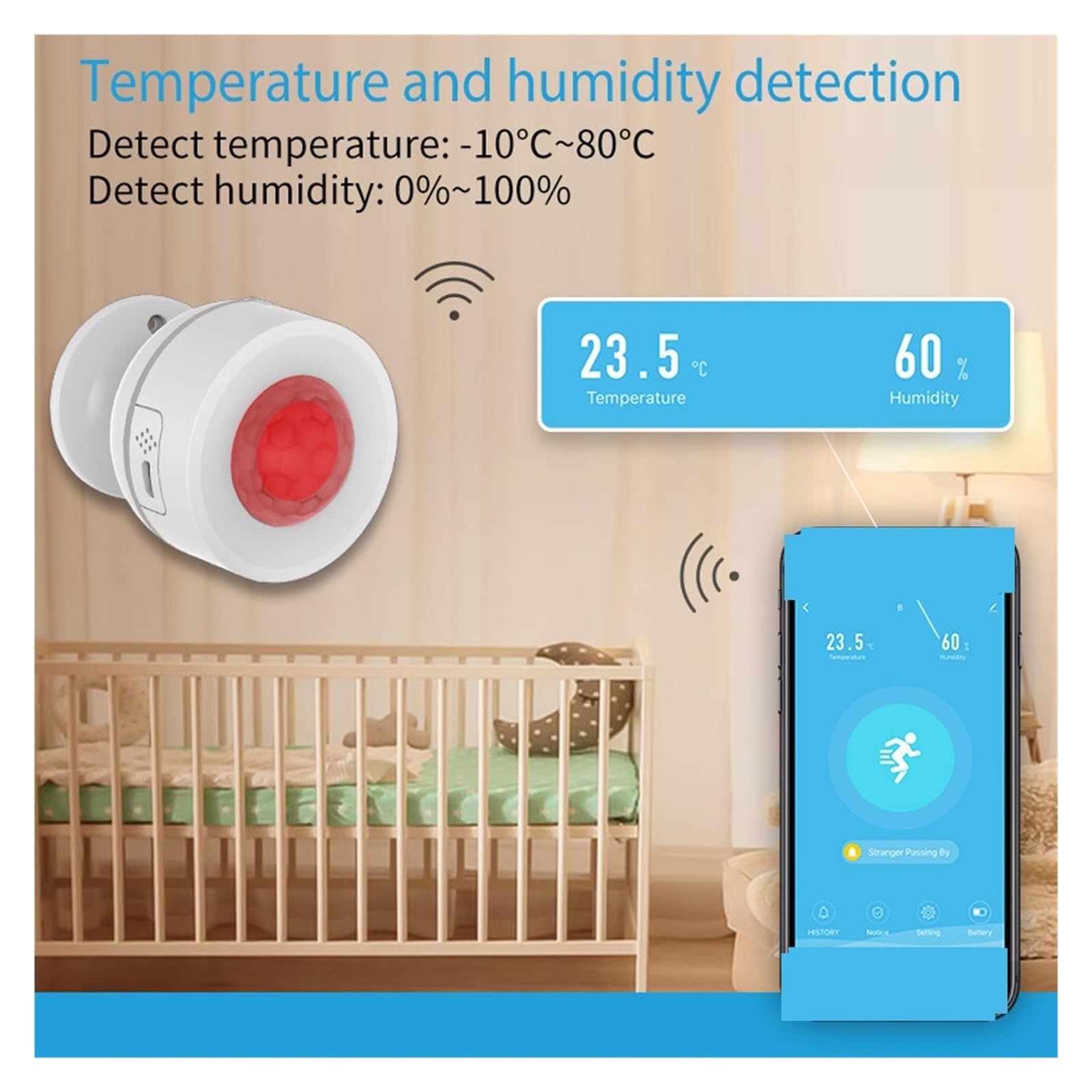 Sistema de Alarma de Seguridad para el hogar, Sensor De Movimiento Mini Detector Infrarrojo Cuerpo Humano Alarma con Detección Temperatura Y Humedad(2PCS)
