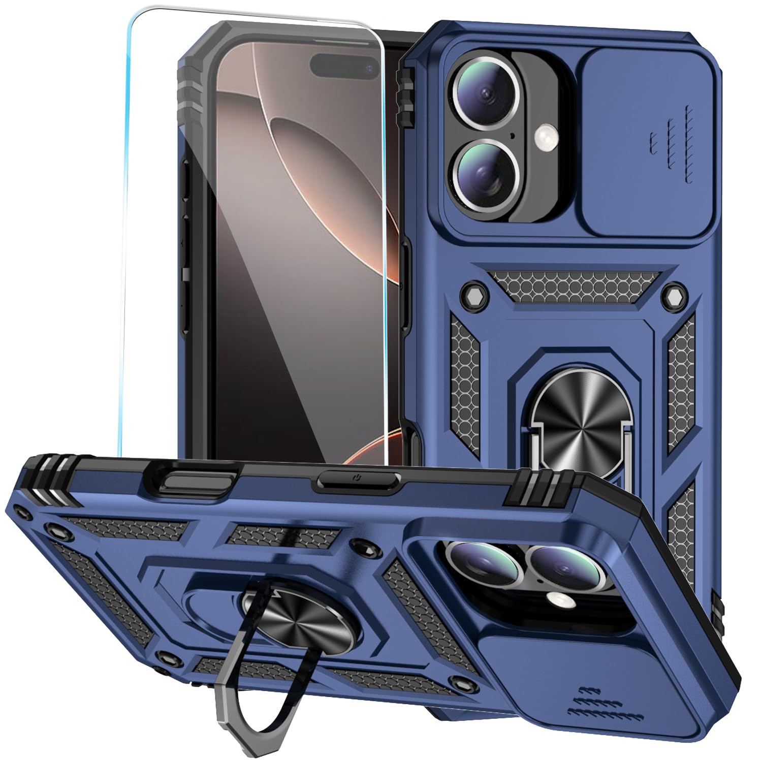 SunStory Phone Case for iPhone 16 Plus Case with HD Screen Protector & Slide Camera Cover & Rotated Ring Kickstand, [Military-Grade] Phone Case for