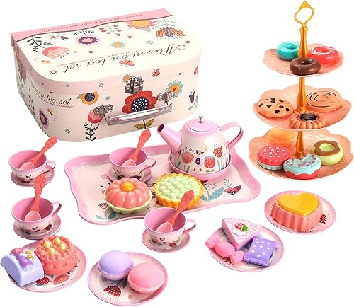 PowerTRC Juego de 48 piezas de fiesta de té de princesa para niños, juego de té de lujo que incluye postres, galletas, aperitivos, tetera, tazas y