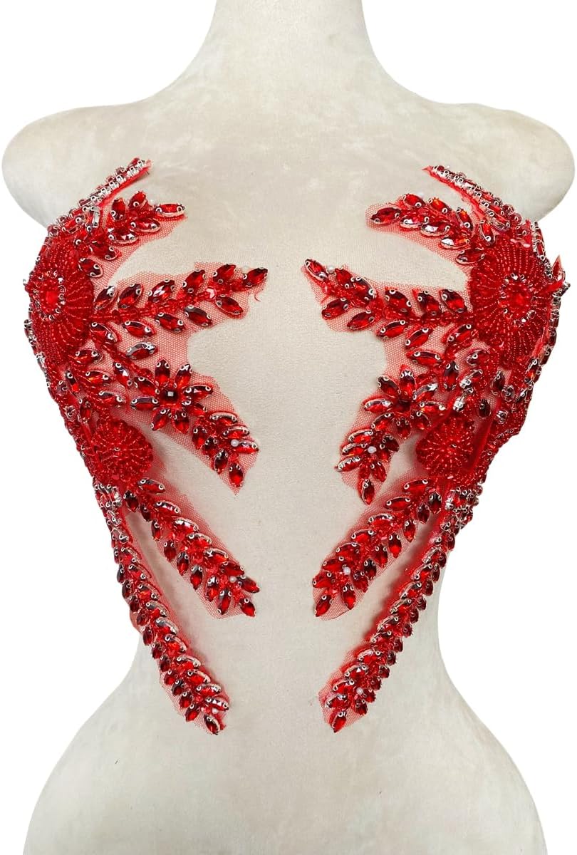 Two Colors Handmade Beaded Crystal Patches Bodice Lace DIY Applique Patches Accessory for Dress Clothes 1 Pair 8X12inches (Red)