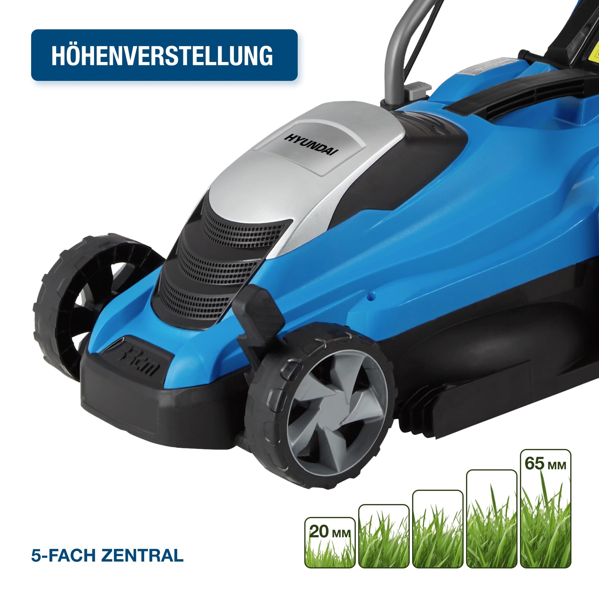 HYUNDAI Elektro-Rasenmäher LM3301E mit Mulchfunktion, Elektromäher, Mulcher, Mäher (33cm, 1300W, 35L Korb, 5-fache zentrale Höhenverstellung)