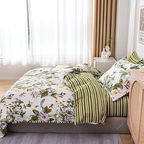 Miniatura 8 de FADFAY Juego de ropa de cama floral Shabby de 7 piezas, 100% algodón, color verde crema con funda de edredón, ropa de cama completa en una bolsa,