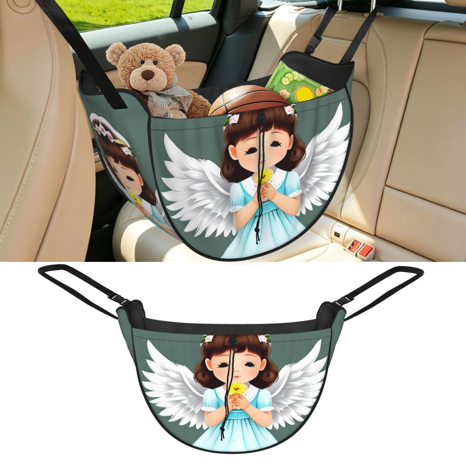 Cntdbu Black Cute Little Angel Car Seat Organizer-Backseat Storage Bag For Travel