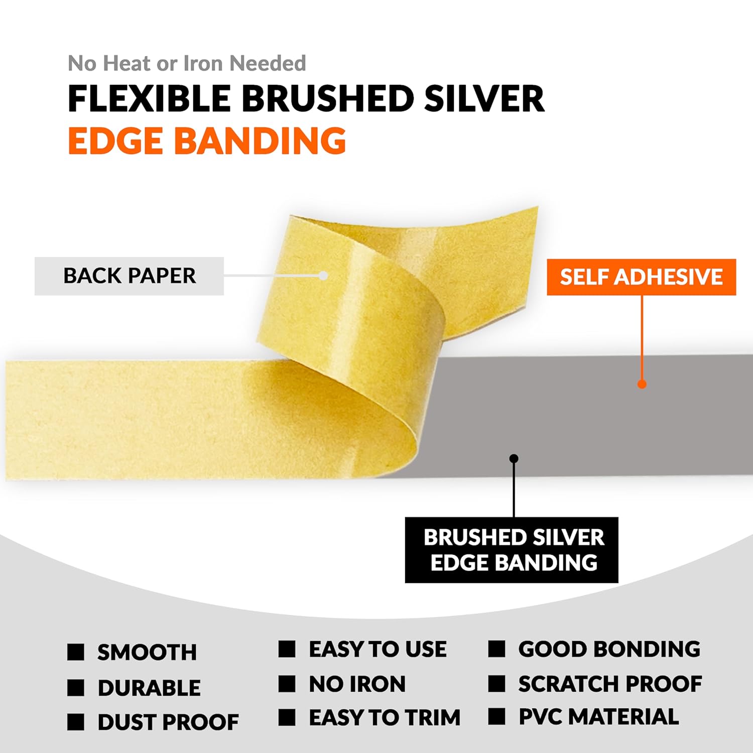 Brushed Silver 3/4 inch x 25 ft PVC Edge Banding Peel Stick Tape Adhesive Metal Edging Veneer Furniture Aluminum Trim MDF Wood Cabinet Flexible Strip Molding Laminate Shelf Countertop Formica Plywood