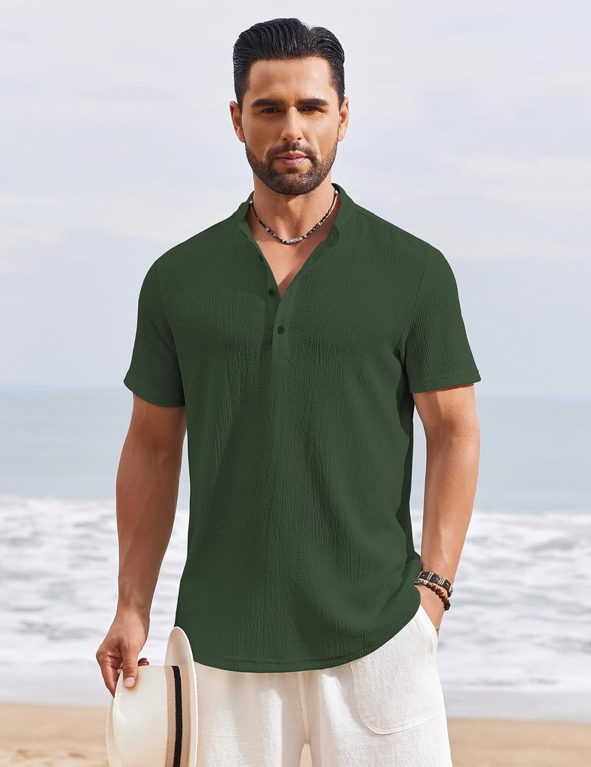 COOFANDY Men's Henley Shirt Short Sleeve Stand Collar Summer Casual Beach Hippie T-Shirts - Image 7