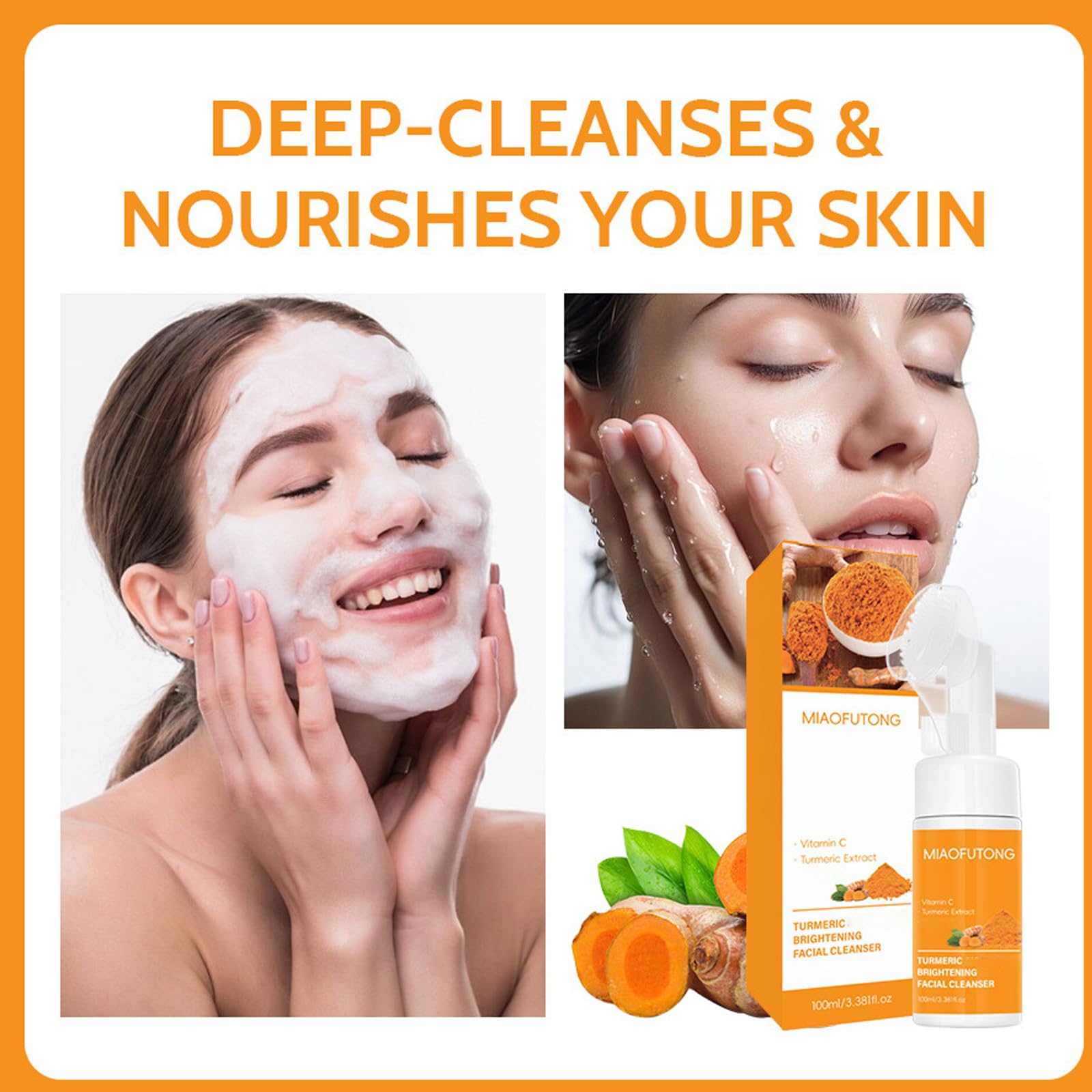 Detergente facial de cúrcuma, con cepillo de limpieza suave, limpiador facial espumoso para todo tipo de pieles, fórmula exfoliante de limpieza profunda, enriquecido con aceite de coco (4 unidades)