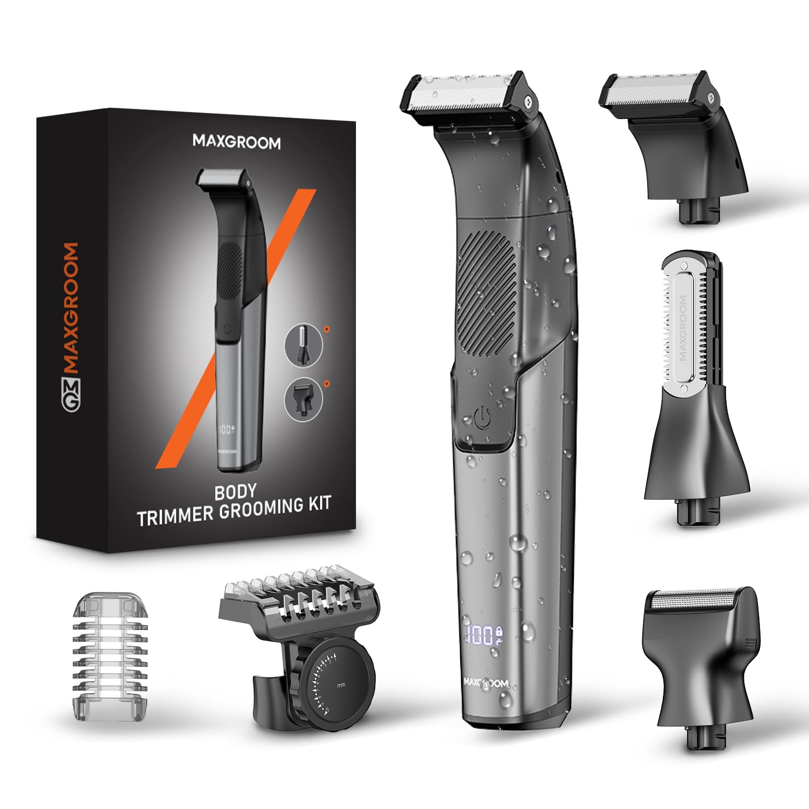 MAXGROOM Afeitadora Corporal Masculina 3 en 1, Depiladora Corporal Hombre con Peine Ajustable para Cuerpo y Zona Intima, en Seco y Húmedo, Pantalla LED y Recargable Tipo-C, Negro