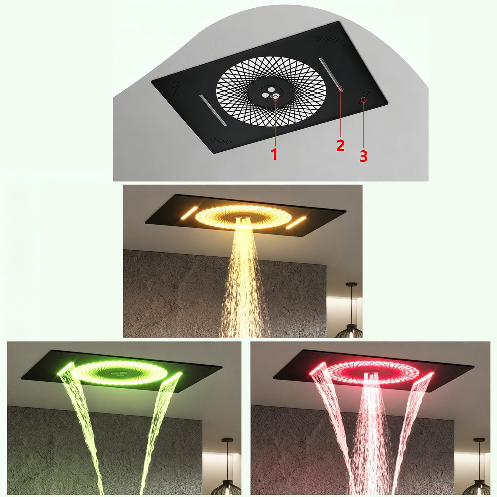 XJTNLB Juego de Ducha Oculto Ducha Efecto Lluvia y Cascada Techo Cepillado Duchas de Baño Efecto Lluvia con 4Pcs Chorros de Masaje