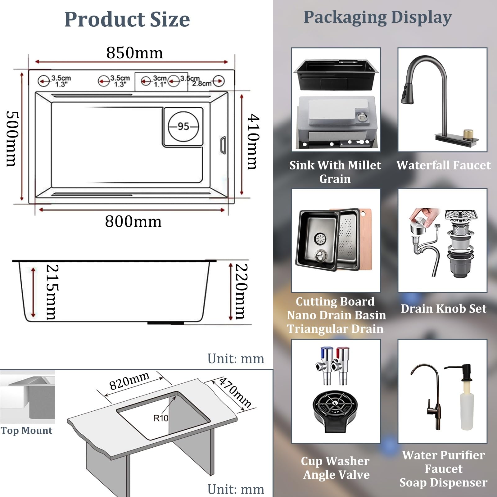 50 Cm De Ancho Fregadero De Cocina Con Grifo Cocina Extraible, 1 Cubeta De Acero Inoxidable Nanorrevestimiento, Fregadero Negro Con Cascada Así Como Otros Accesorios(Black-Grey B,85x50cm)
