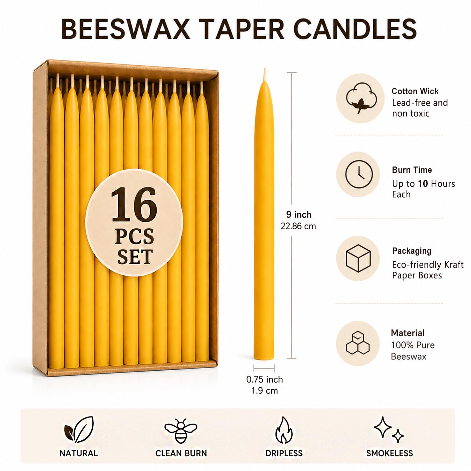 16 paquetes de velas cónicas de cera de abeja de 9 pulgadas, velas de cera de abeja totalmente natural, 10 horas de tiempo de combustión, velas cónicas sin humo y sin goteo para decoración de mesa