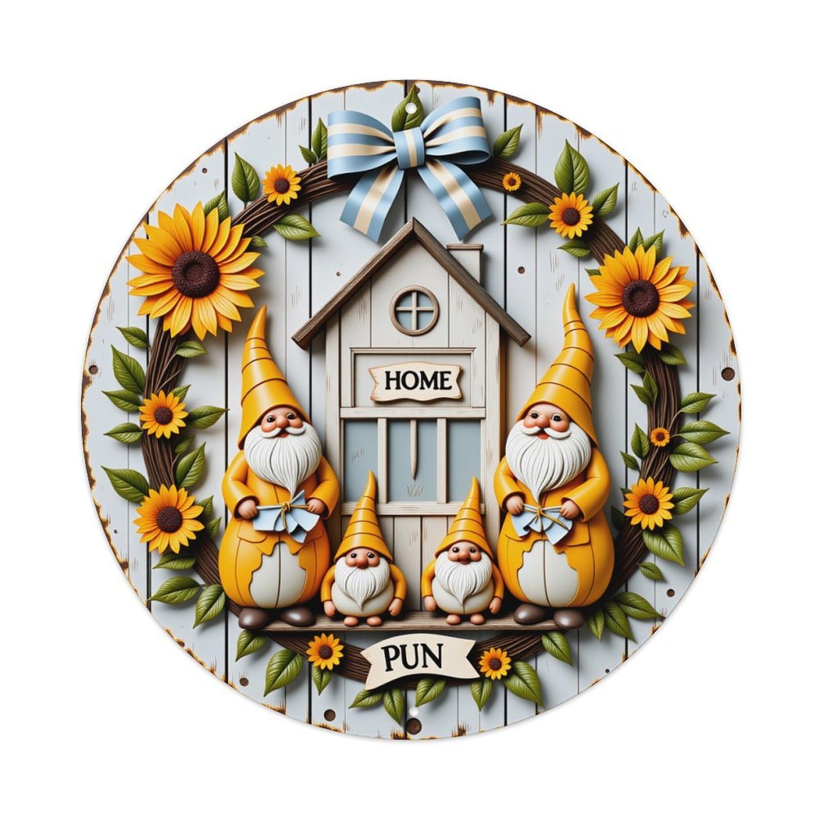 Garden Gnomes Sunflowers Home Pun Round Tin Sign Vintage Style Metal Sign Home Bar Garden Wall Plaque Decor Metal Poster 8x8 Inch