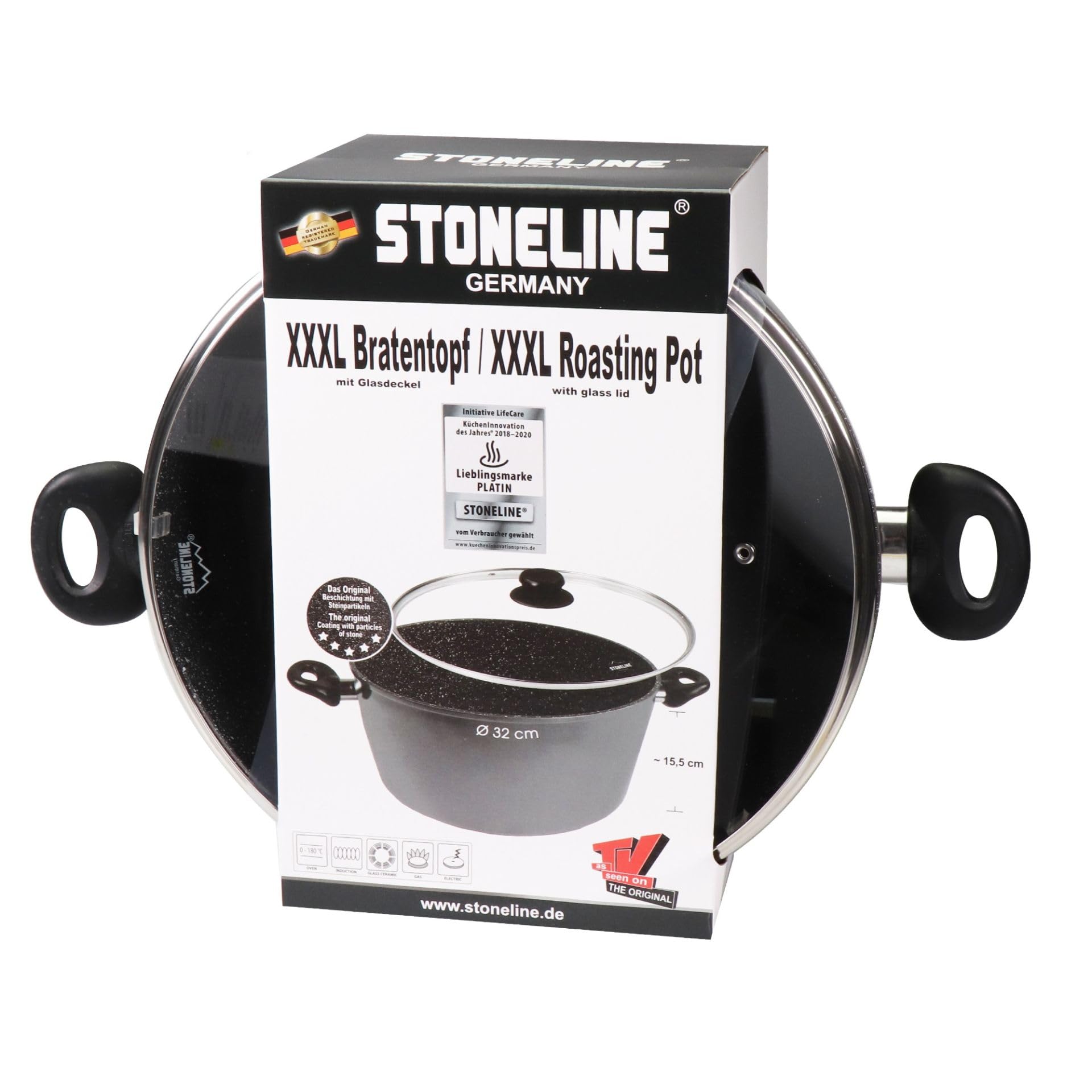 STONELINE XXXL Aluguss Kochtopf 32 cm, Großer Topf mit Deckel 10,6 L, Antihaft beschichtet mit echten Steinpartikeln, Kochtopf Induktion 32 cm, alle Herdarten, Backofen, Kochen ohne Fett oder Öl, Grau