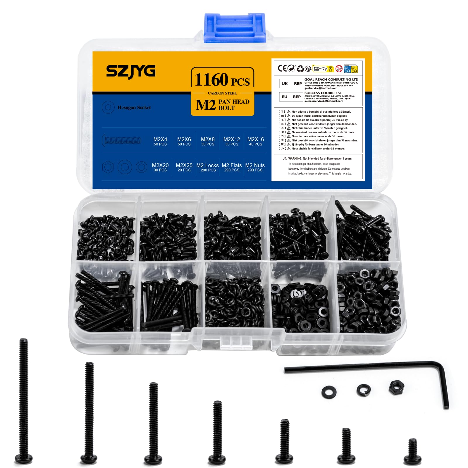 1160 Pcs M2 Bolts and Nuts Set, Assorted Nuts and Bolts Assortment, Carbon Steel Screws, Hex Socket Head Cap Screws with Washers Set, Machine Screw Assortment Kit (M2, Oval)
