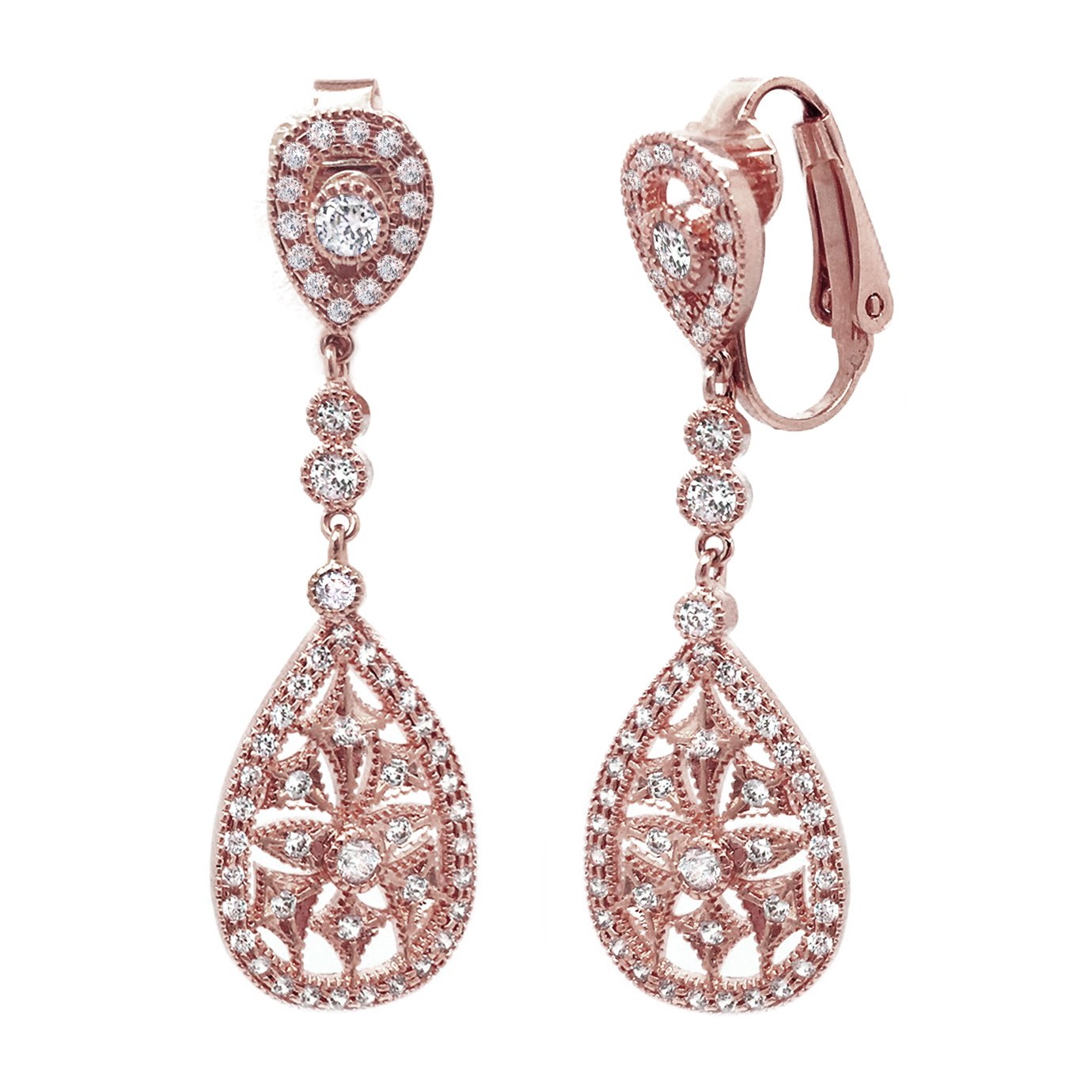 Sparkly Bride CZ Clip On Earrings Wedding Vintage Cutout Teardrop Rose Gold Plated, 1.75 in