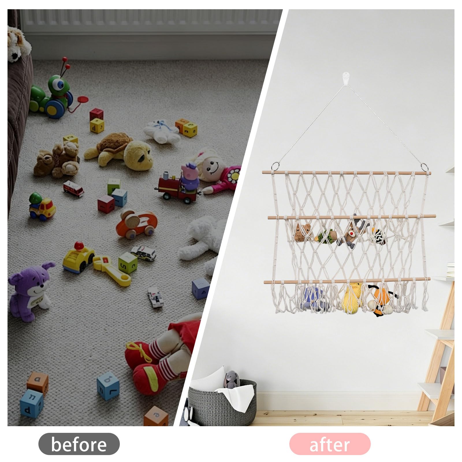 FREEBLOSS Hamaca para peluches, red colgante de pared, 2 capas, macramé, hecha a mano, hamaca de esquina para juguetes de peluche, organizador colgante, soporte para sala de juegos, dormitorio (30 x