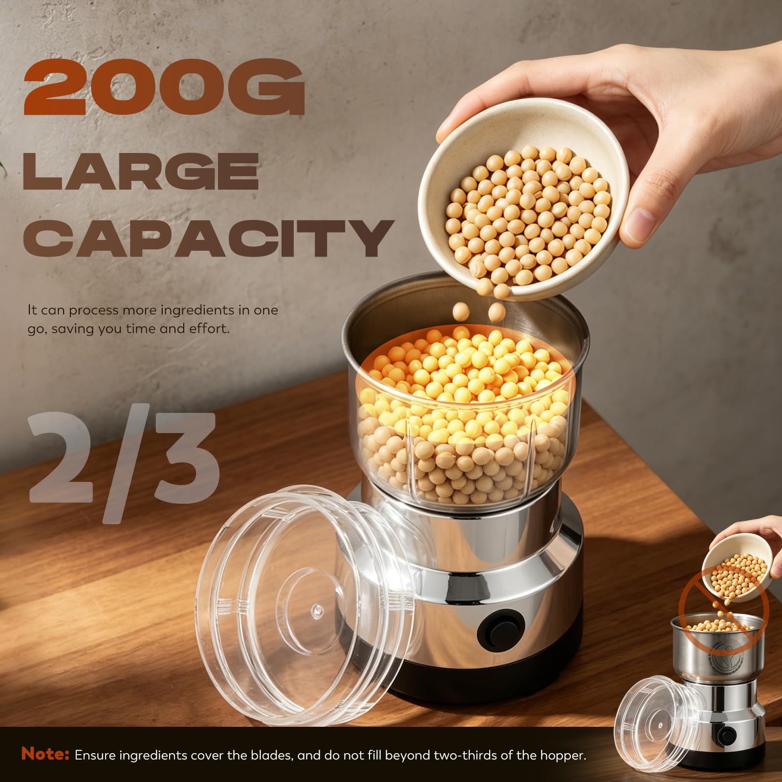 Moongiantgo Moulin à Céréales Multifonctionnel 200W 14500rpm, Moulin à Café Ultra-Fin, 300ml Broyeur à Épices Électrique Portable, Acier Inoxydable, Parfait pour Matières Sèches, Herbes, Café (Argent)