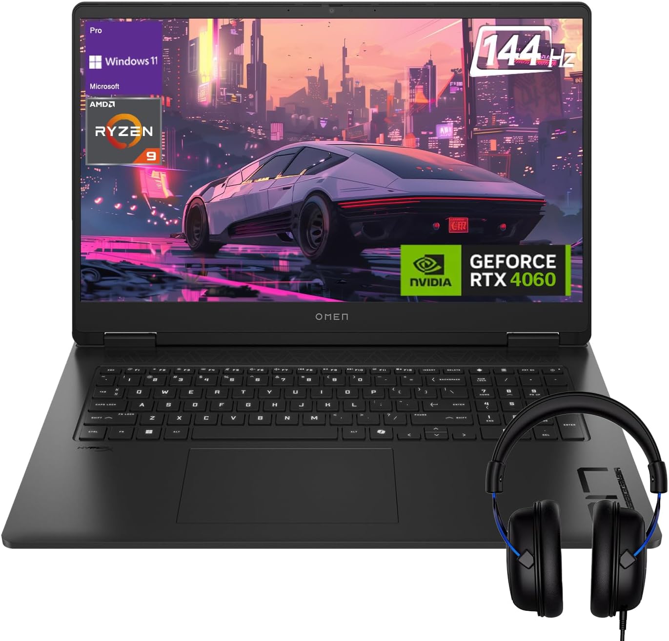 HP OMEN Pro 17.3 144Hz FHD AMD Ryzen 9 8945HS GeForce RTX 4060 Top AI Gaming Laptop, 64GB DDR5 RAM, 1TB SSD, Low Blue Light, RGB Numeric Keyboard, Webcam, Bundle with HyperX Cloud Headset