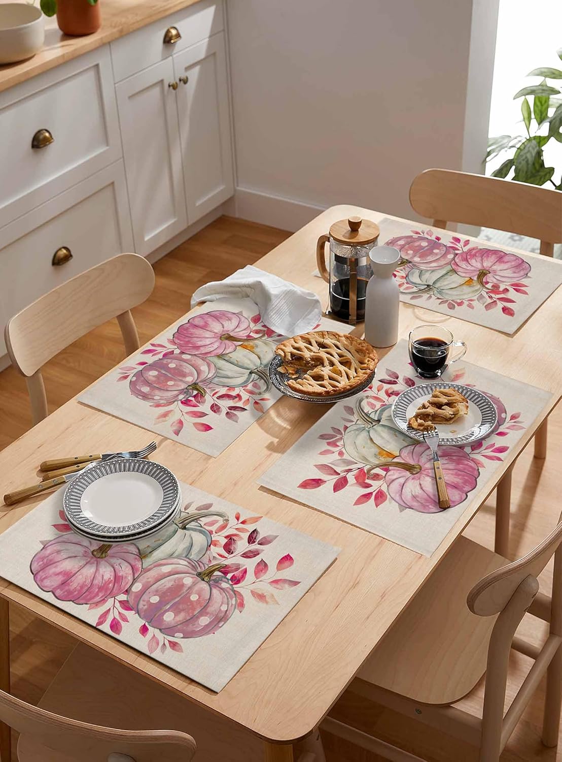 Fall Placemats Set of 4 Autumn Pink White Polka Dot Pumpkins Leaves Linen Texture Place Mat for Dining Table Washable Burlap Cotton Table Mats