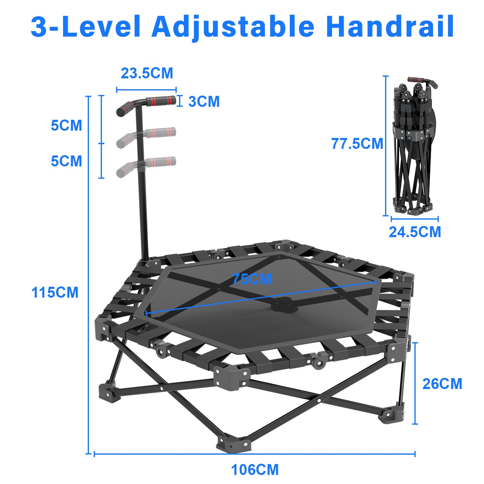 Fitness Trampolin Klappbar, Mini Trampolin Indoor 106cm mit 3-Fach Höhenverstellbarem Griff, Extra Stabiler X-Rahmen 275kg Tragkraft Minitrampolin für Erwachsene
