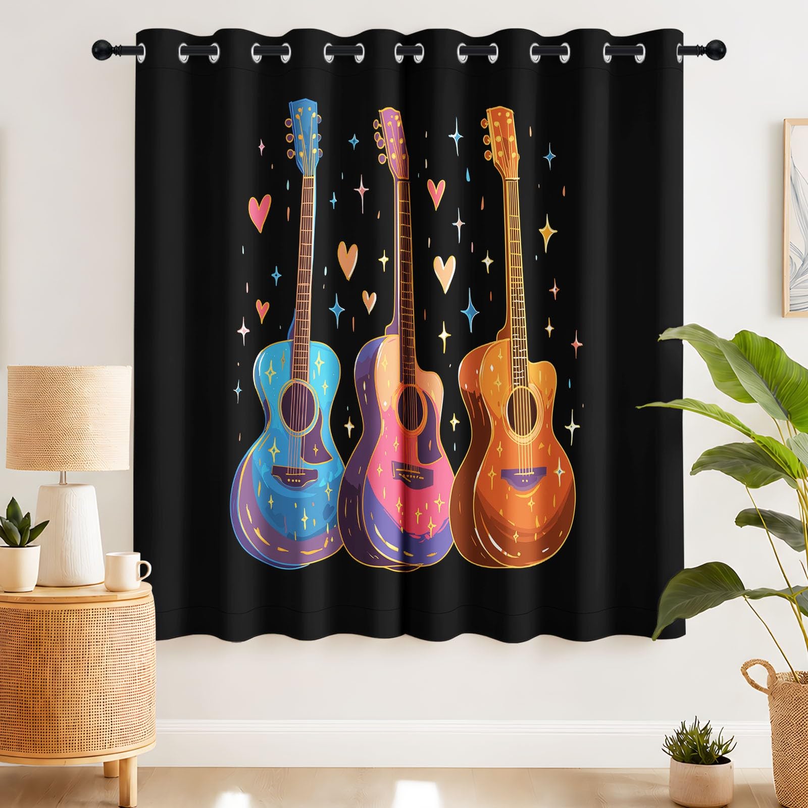 Generisch Pop Art - Cortinas opacas con ojales para guitarra, notas musicales, estrellas, térmicas, para habitación infantil, dormitorio, salón, juego de 2 unidades, 245 x 140 cm (alto x ancho)