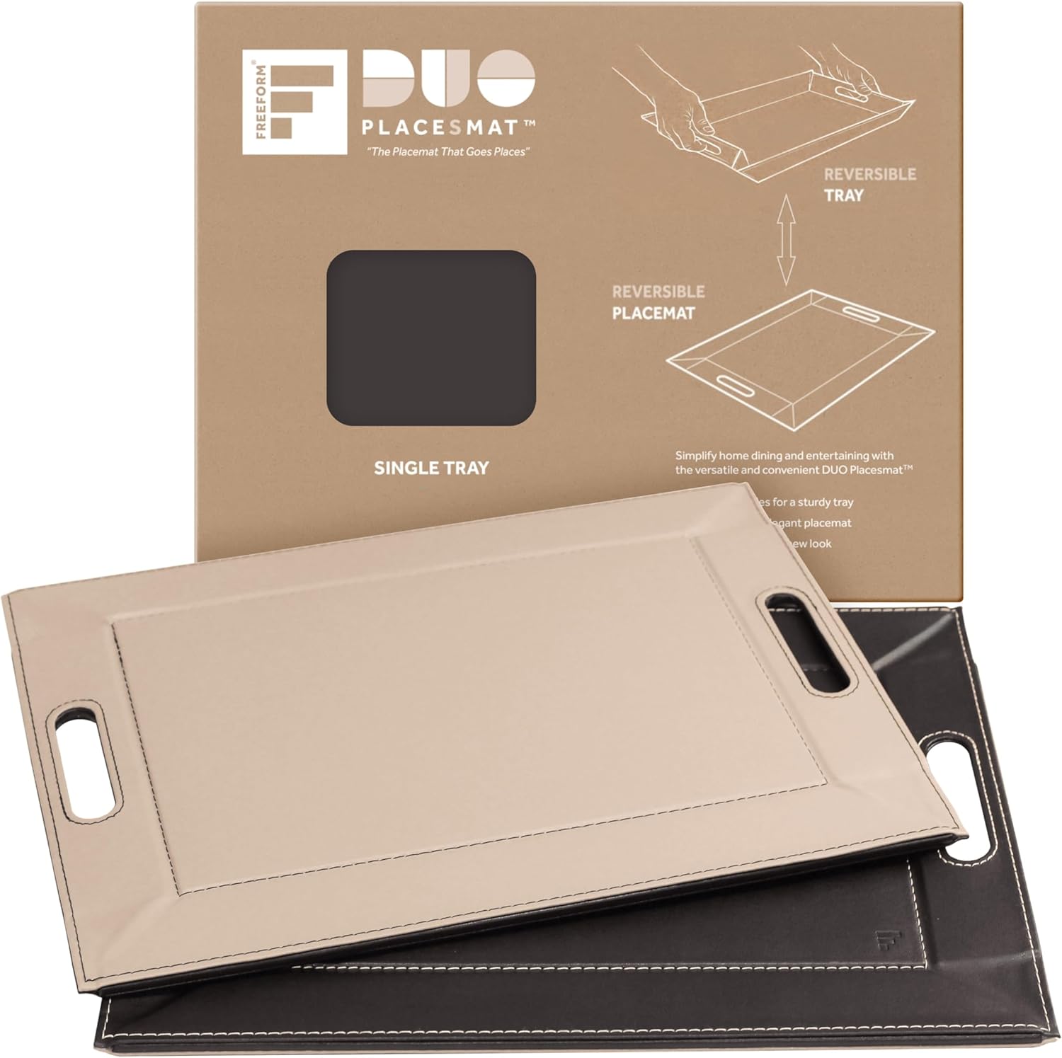 FREEFORM DUO PLACEsMAT Faux Leather Placemat & Serving Tray | Reversible Design, Lays Flat, Easy to Clean & Store | Indoor-Outdoor Dining, Ottoman & Entertaining, 18” x 14” (Chocolate & Cream, Single)