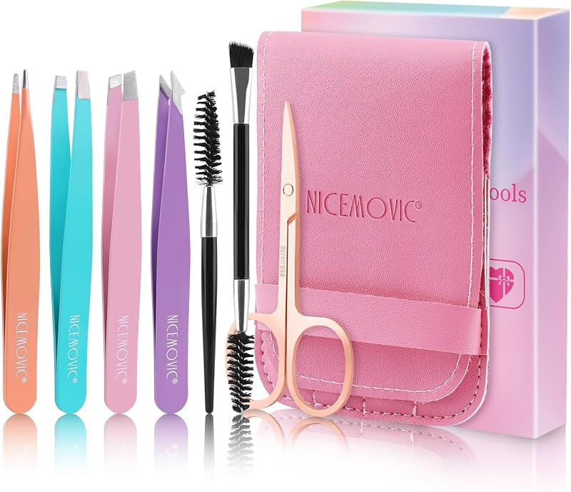 Kit NICEMOVIC com 4 pinças para sobrancelhas, tesoura curva, 2 escovas e estojo