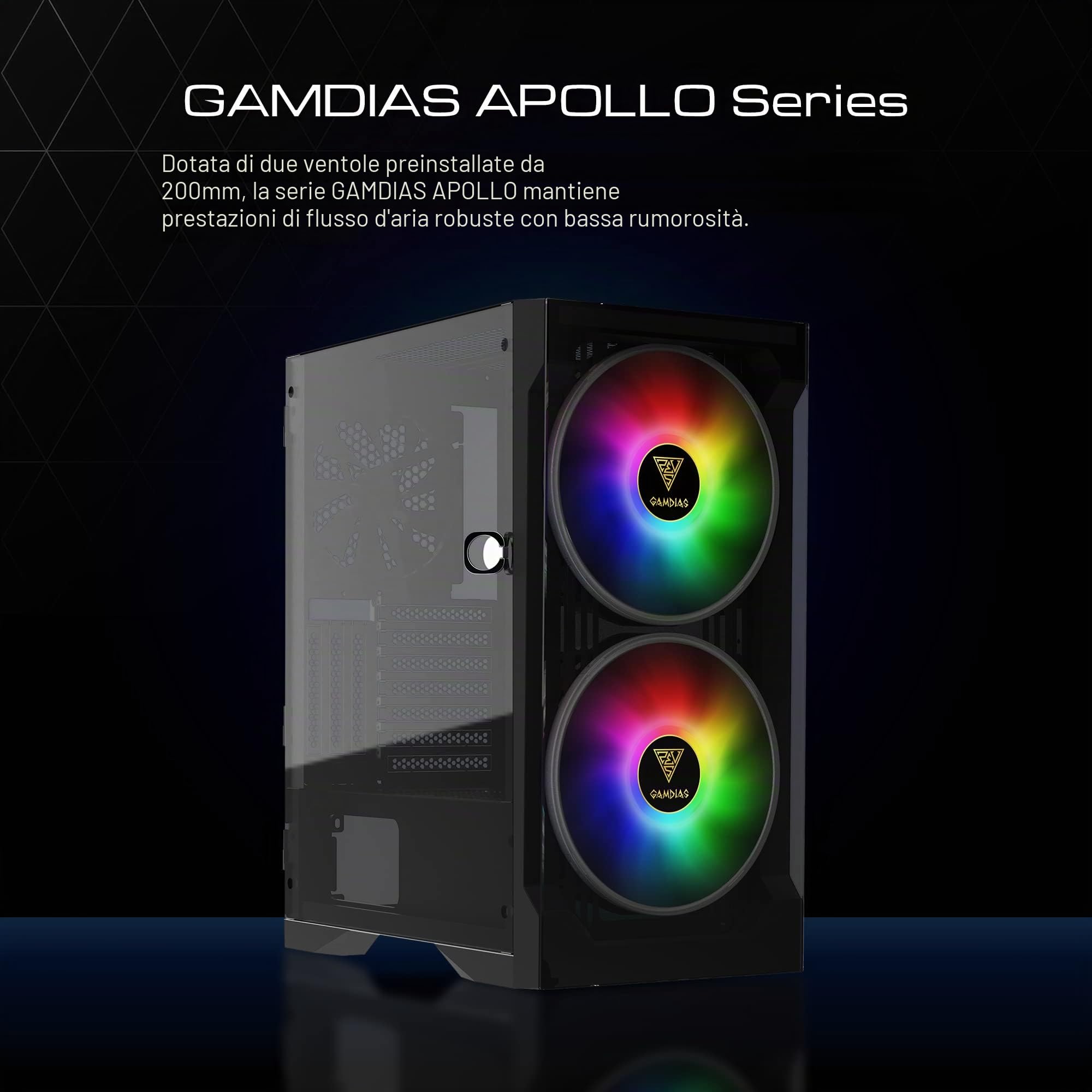 GAMDIAS APOLLO E2 Elite Gaming PC case, Mid-Tower ATX, pannello in vetro temperato, 3 doppie ventole ARGB integrate da 200 mm, finestra di installazione senza attrezzi, supporta schede madri fino a