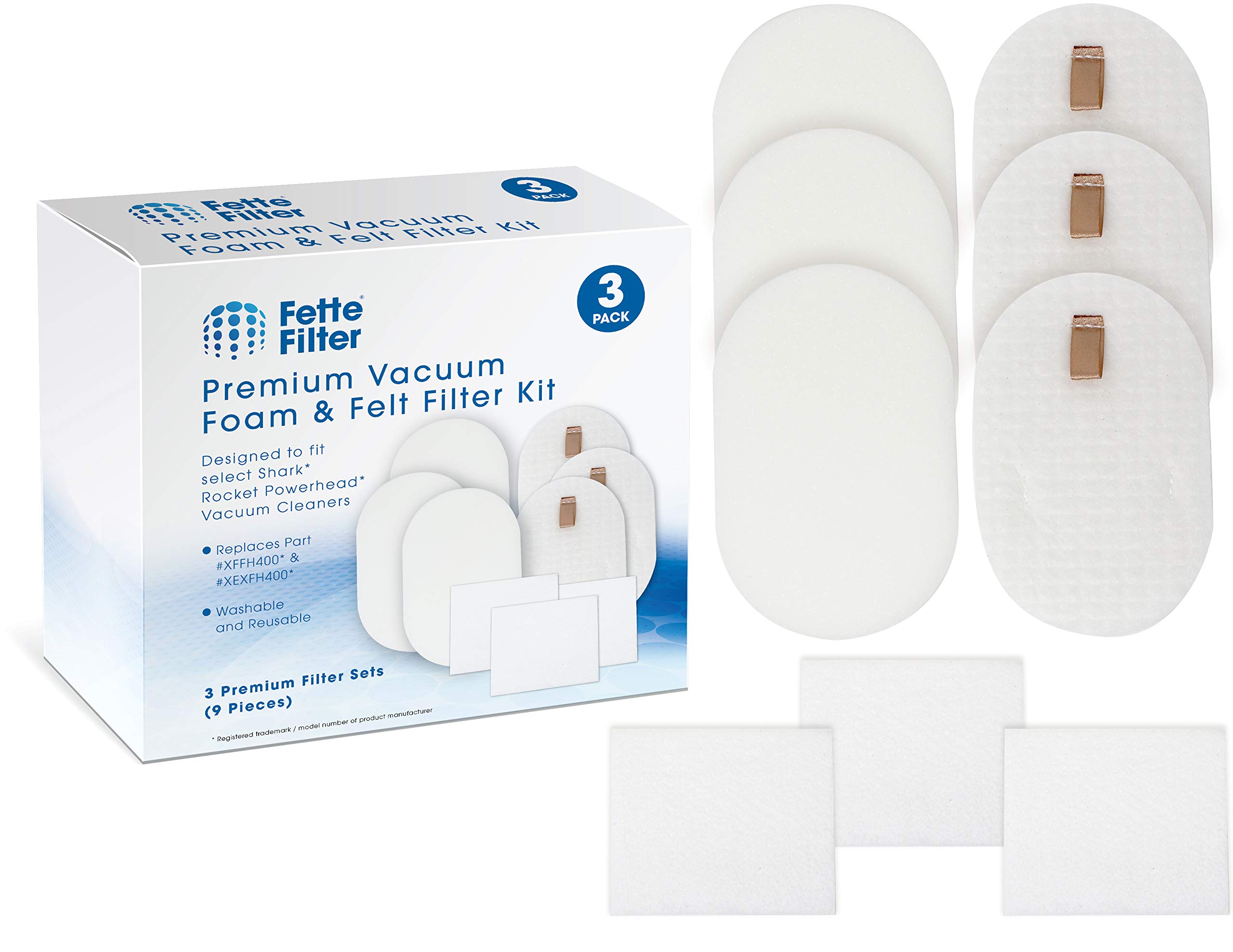 Fette Filter - Vacuum Filter Compatible with Shark Rocket Powerhead Models AH400, AH400C, AH401, AH452, AH452W, AH454Q Part # XFFH400 Foam & Felt Filter Kit & XEXFH400 Post-Motor Filter 3 Sets